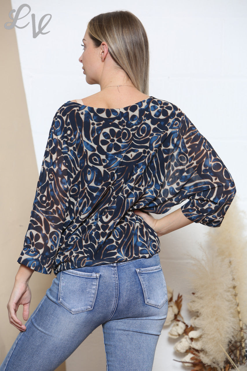 Ladies Mix Print Tie Side Blouse Navy