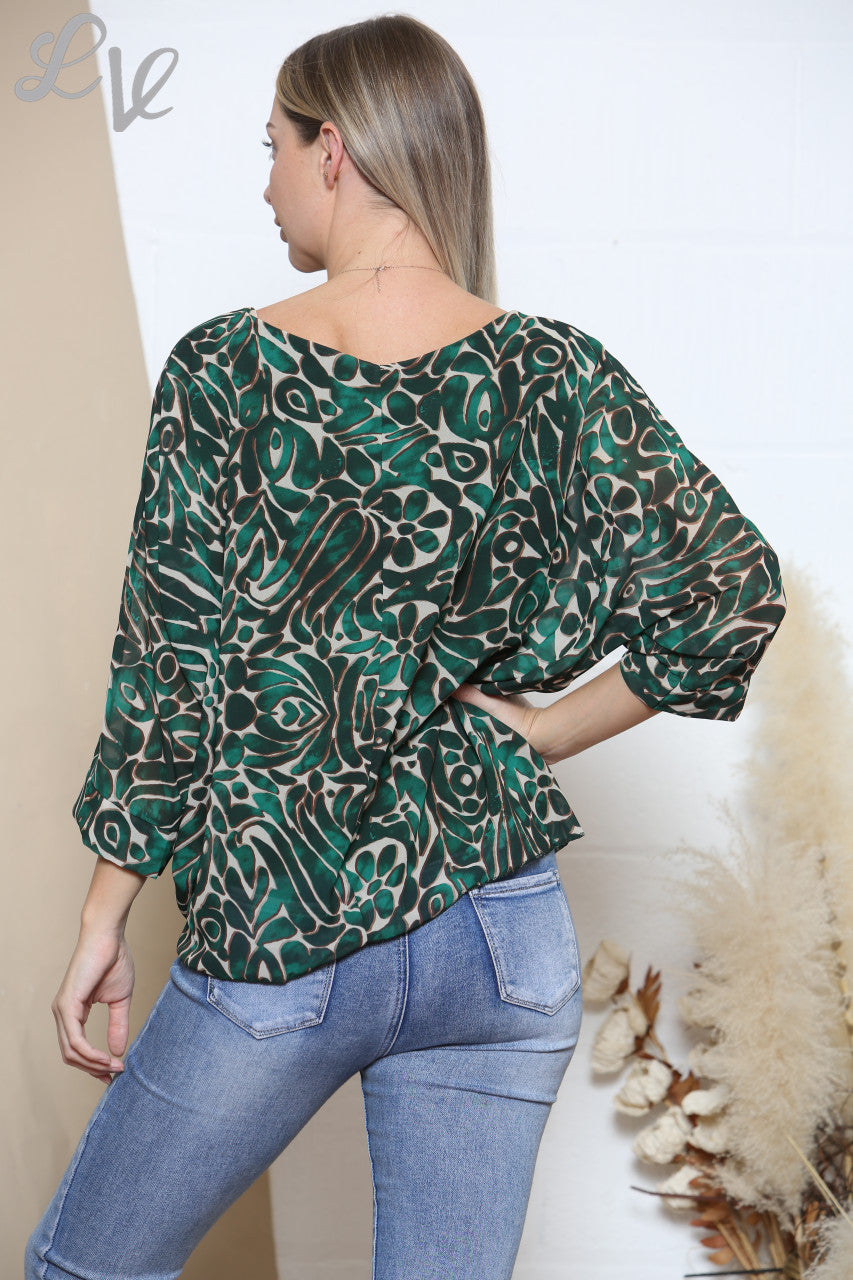 Ladies Mix Print Tie Side Blouse Green