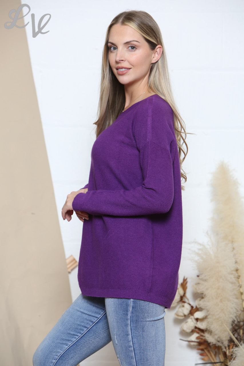 Ladies Ribbed Knitted Jumper Top Purple