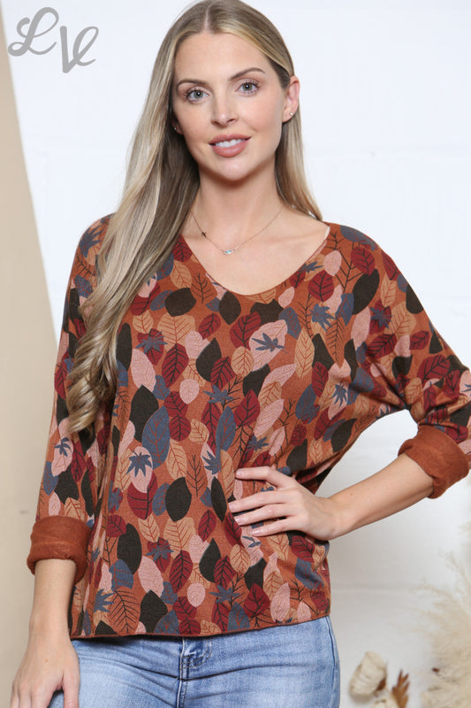 Dames Top met Bladerenprint Roestkleurig