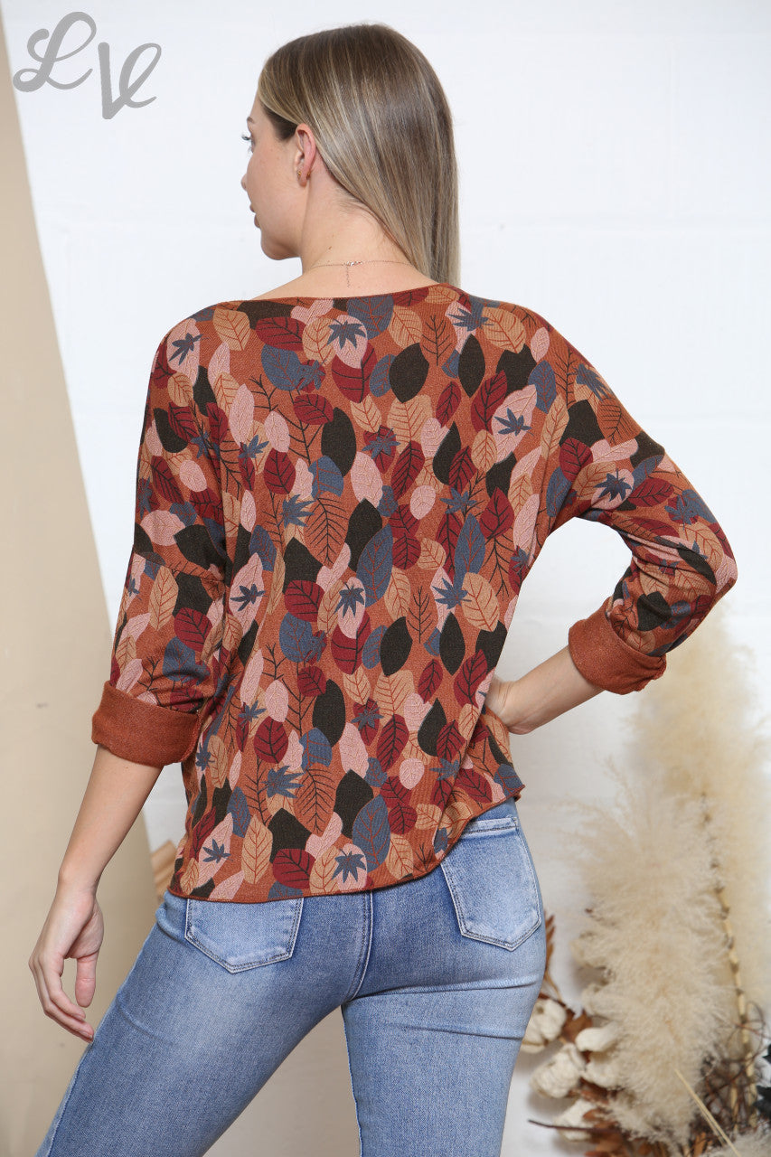 Dames Top met Bladerenprint Roestkleurig