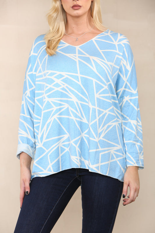 GEOMETRIC LINES FINE KNIT TOP DENIM