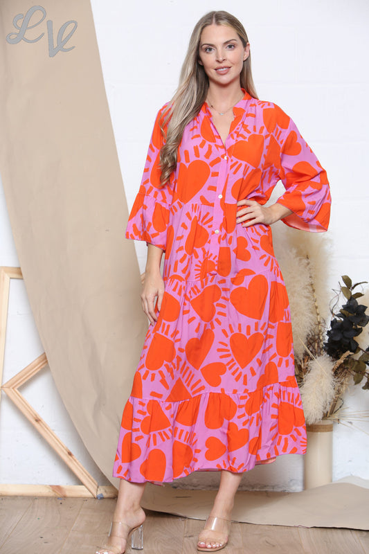 Dames Maxi-Overhemdjurk met Hartenprint Oranje & Cerise