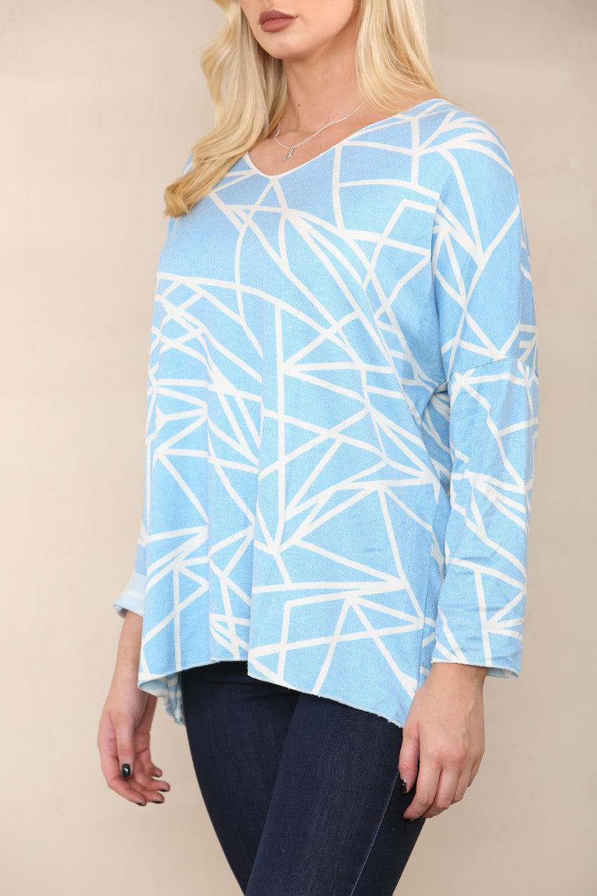 GEOMETRIC LINES FINE KNIT TOP DENIM