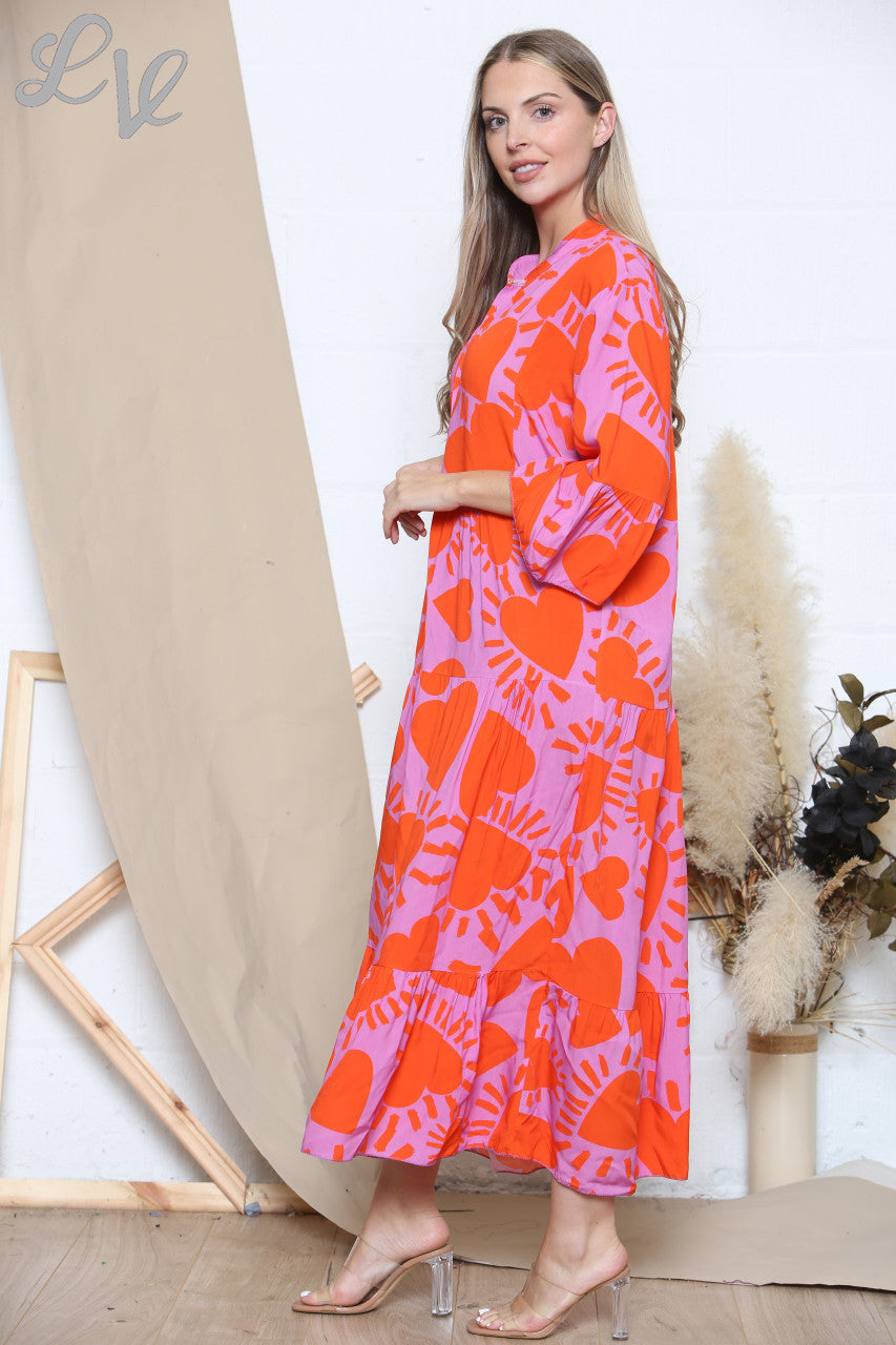 Ladies Heart Print Shirt Dress Maxi Orange & Cerise