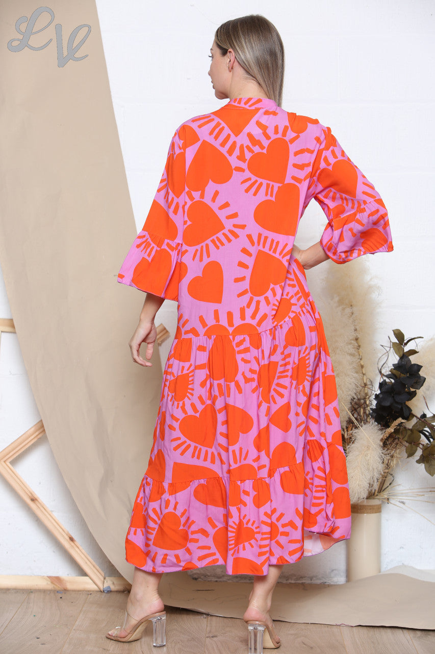 Ladies Heart Print Shirt Dress Maxi Orange & Cerise