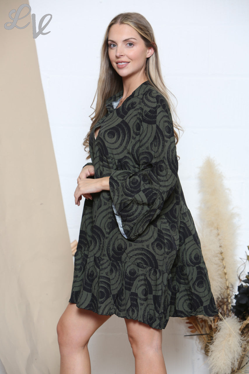 Ladies Swirl Print Shirt Dress Khaki