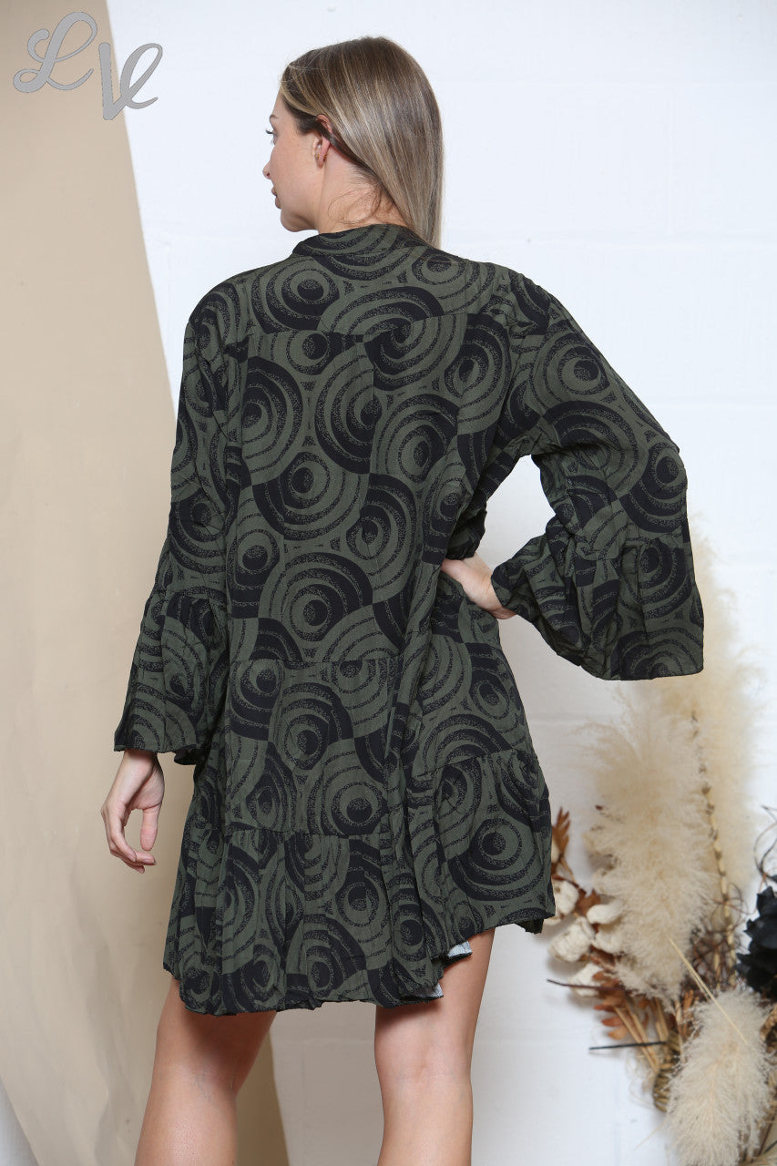 Ladies Swirl Print Shirt Dress Khaki