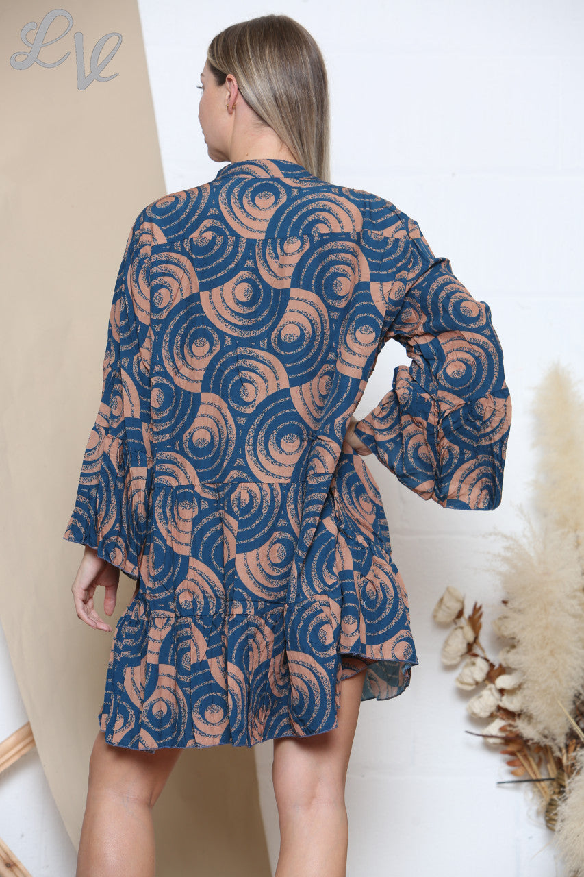 Ladies Swirl Print Shirt Dress Teal