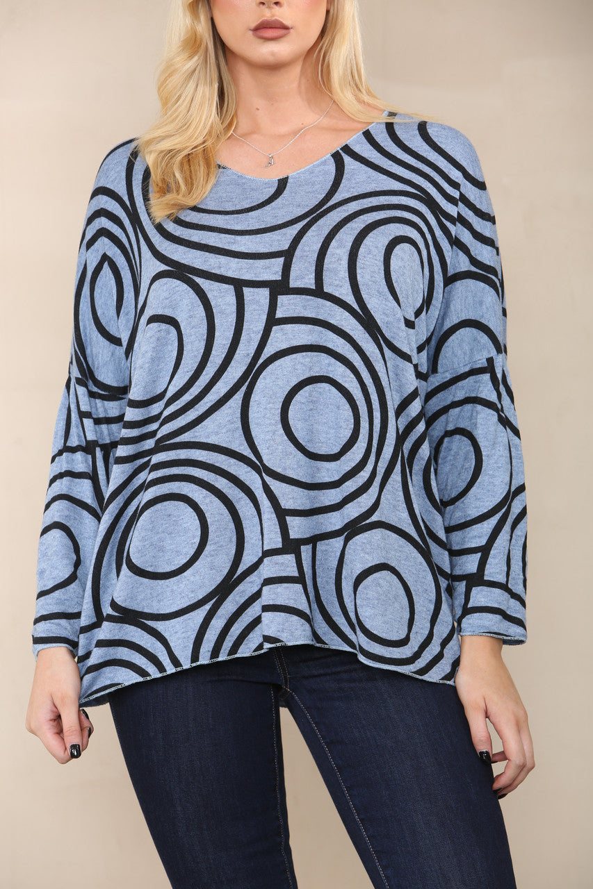 CIRCLE SWIRLS FINE KNIT TOP DENIM