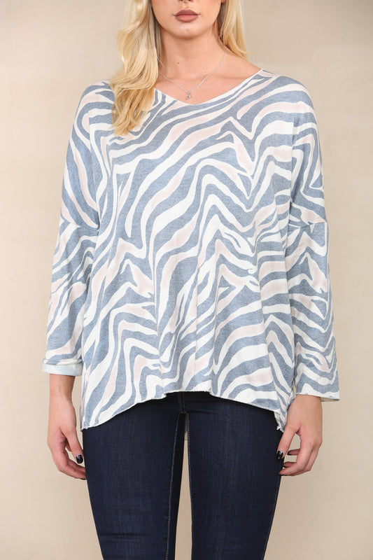 ZEBRA PRINT FIJNGEBREIDE TOP NAVY
