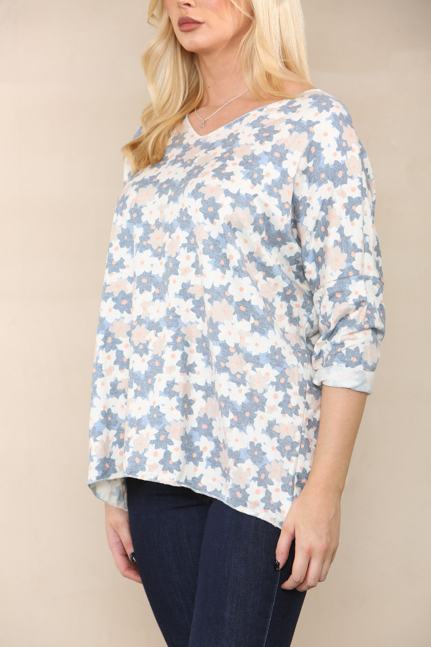 DITSY FLOWERS FINE KNIT TOP NAVY
