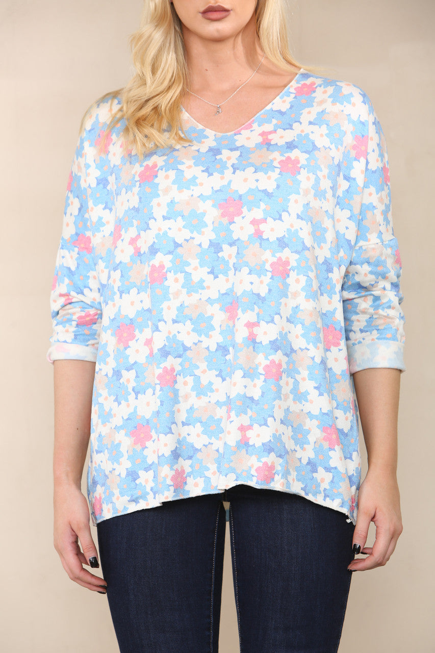 DITSY FLOWERS FINE KNIT TOP DENIM