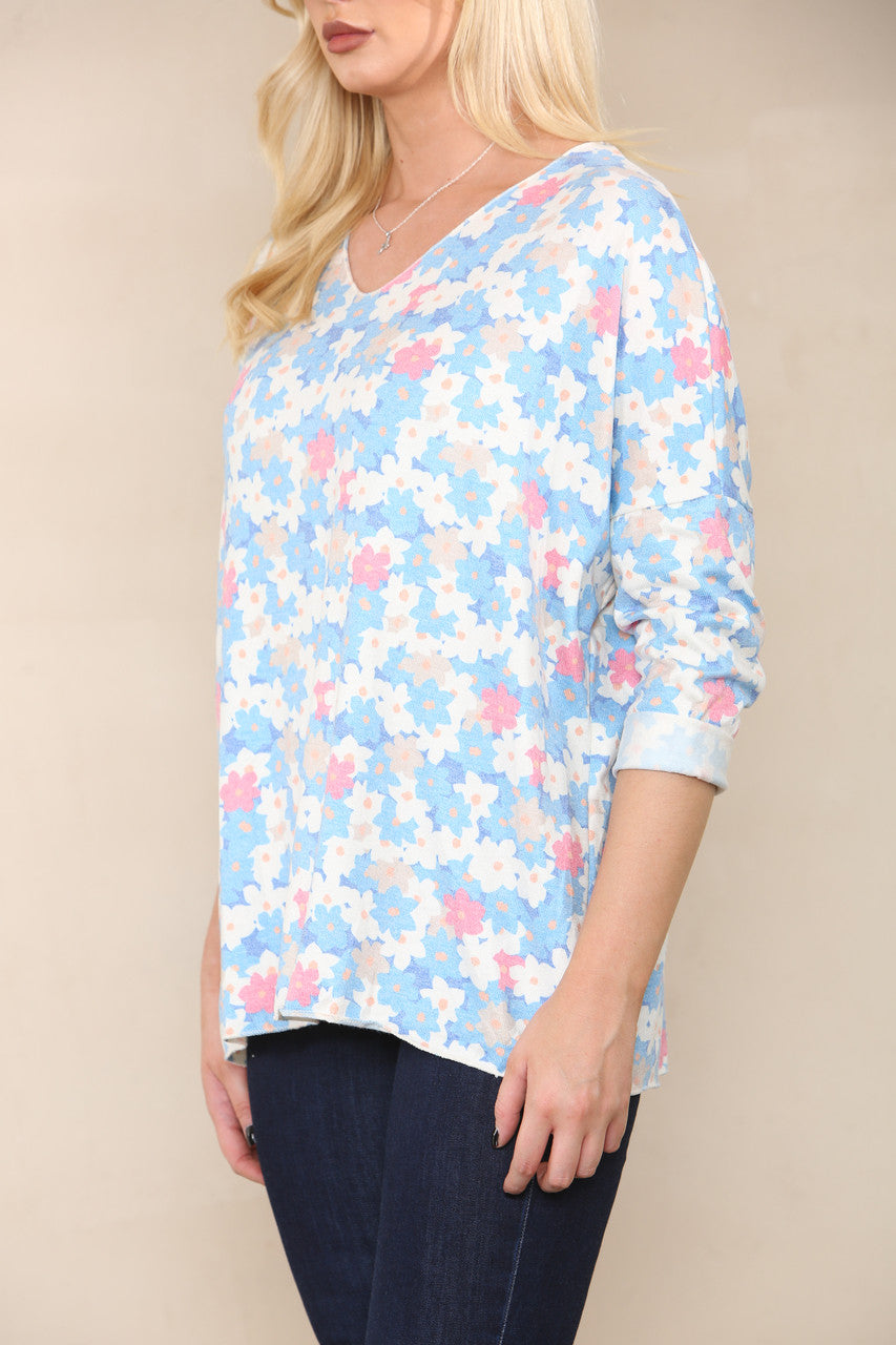 DITSY FLOWERS FINE KNIT TOP DENIM