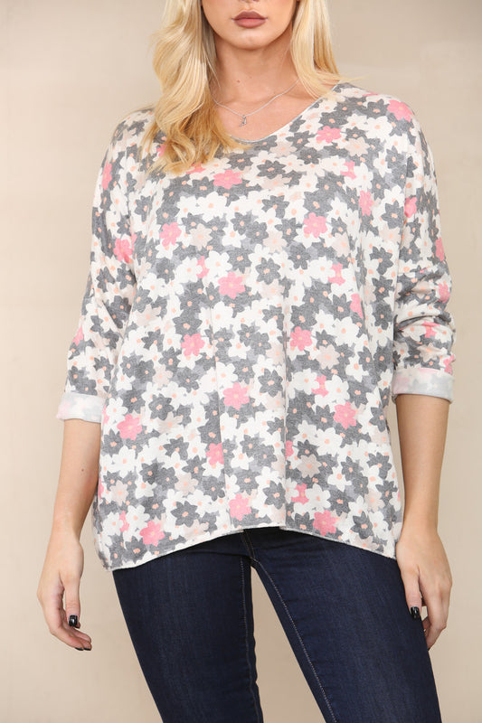 DITSY FLOWERS FINE KNIT TOP GREY
