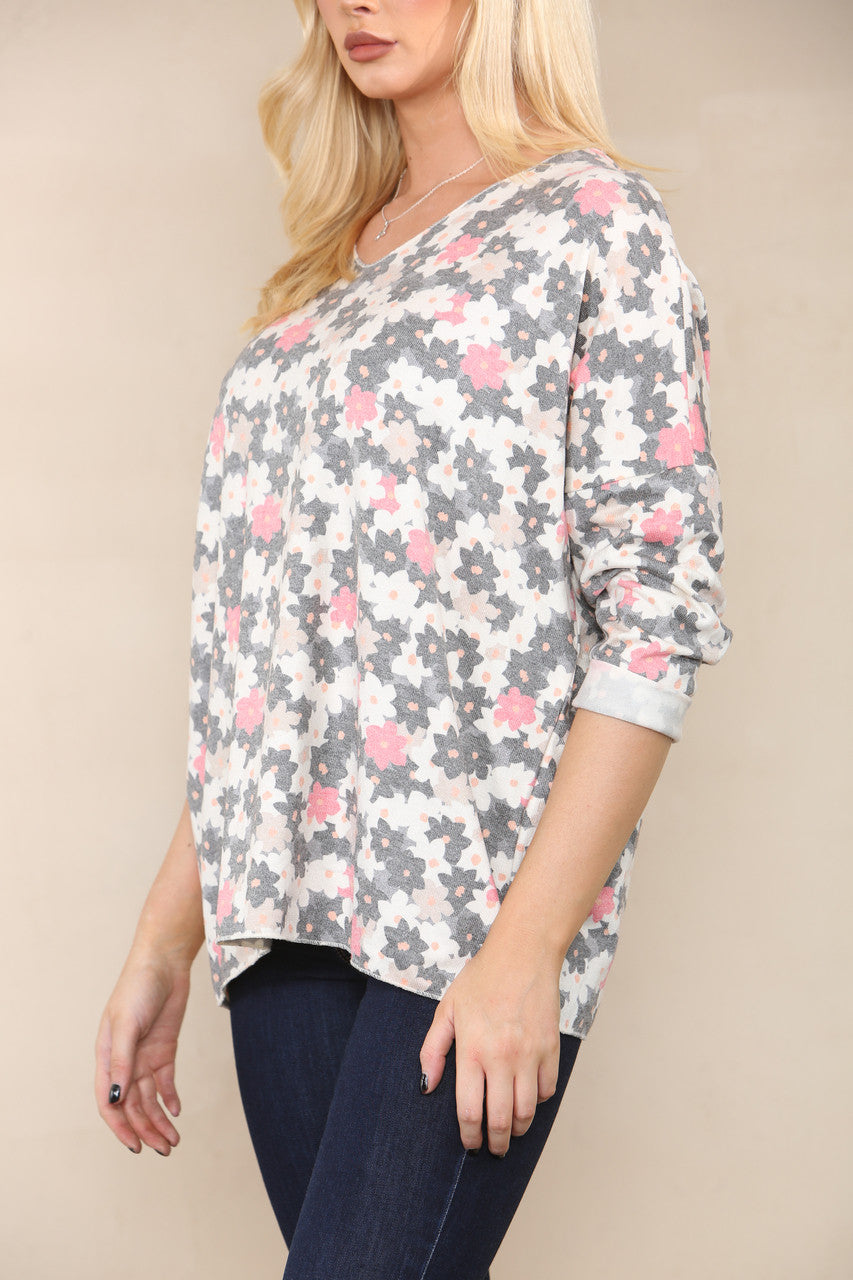 DITSY FLOWERS FINE KNIT TOP GREY