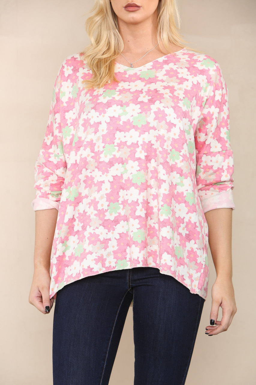 DITSY FLOWERS FINE KNIT TOP CERISE