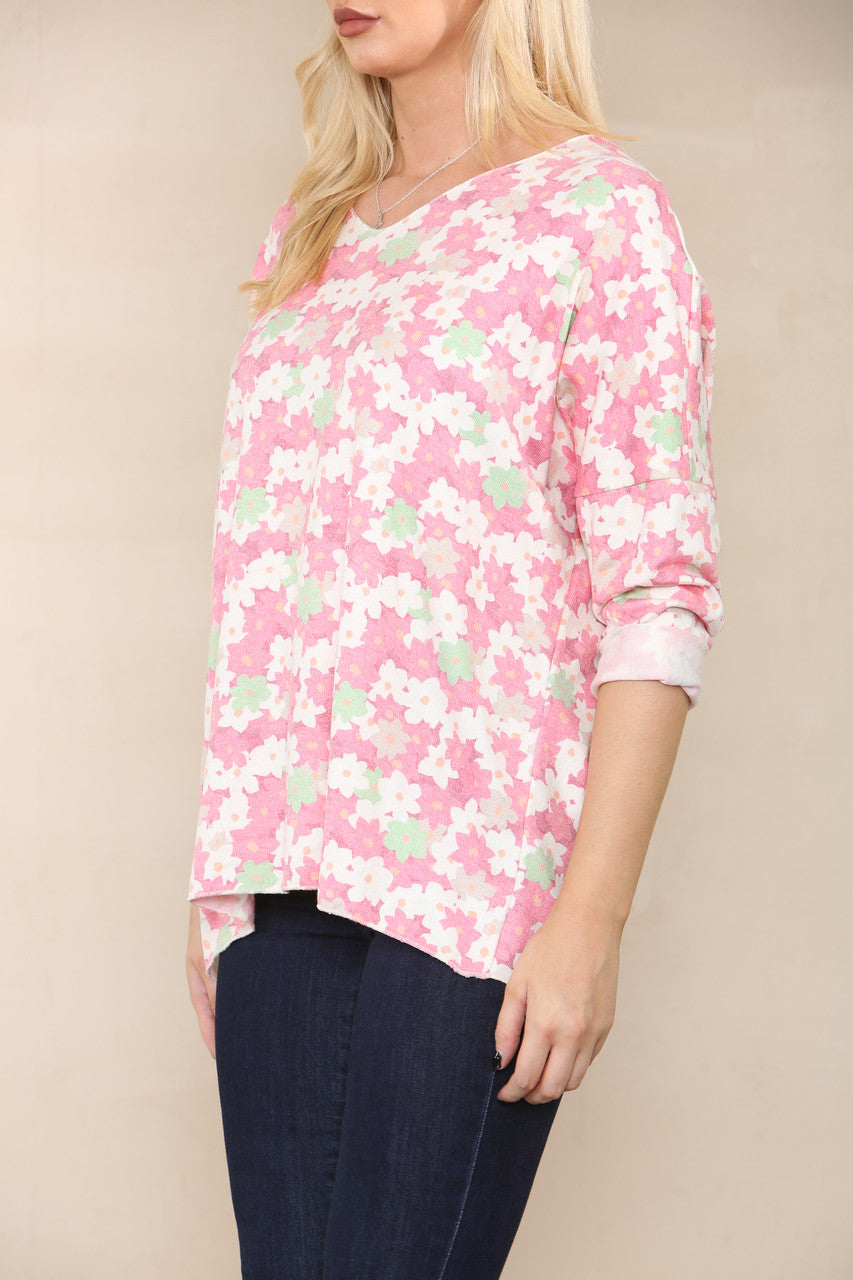 DITSY FLOWERS FINE KNIT TOP CERISE