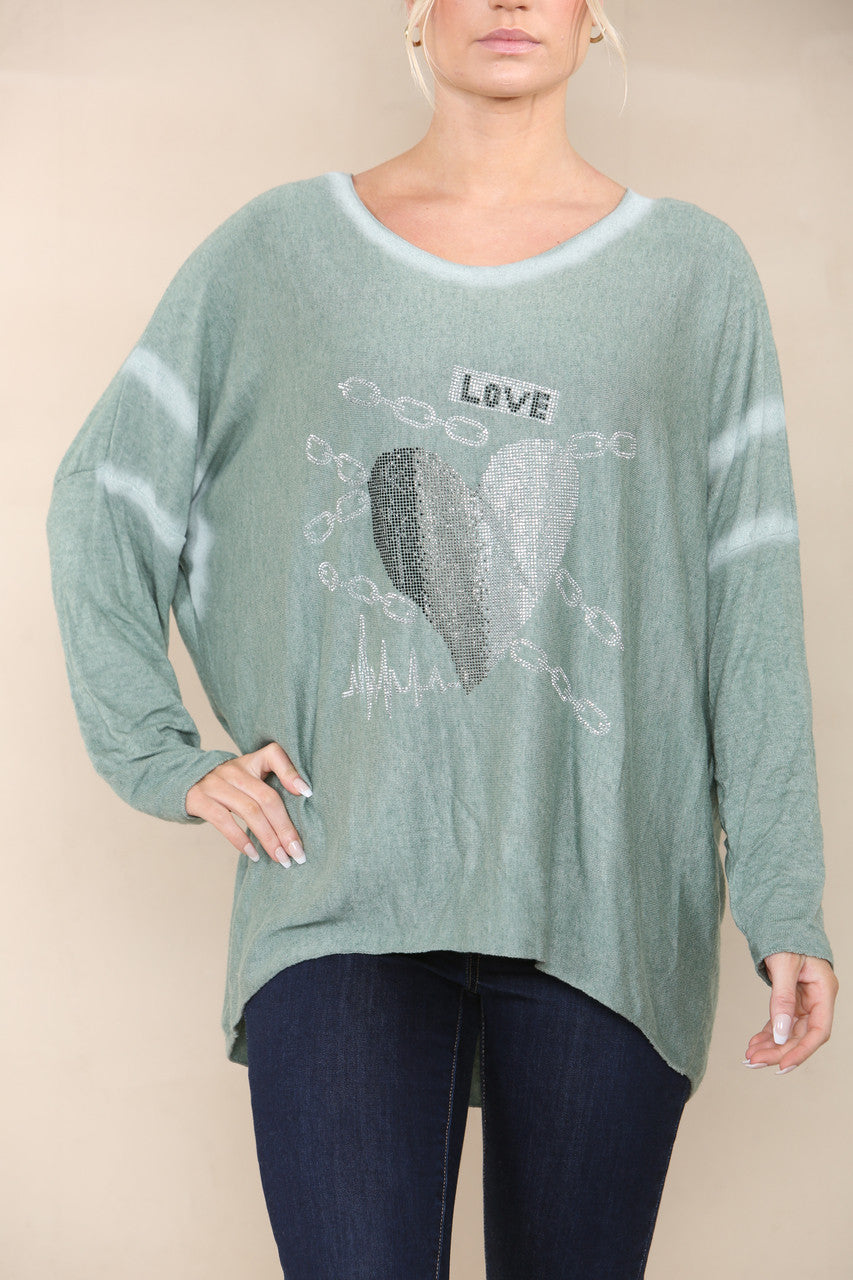 SEQUIN LOVE HEART FINE KNIT TOP KHAKI