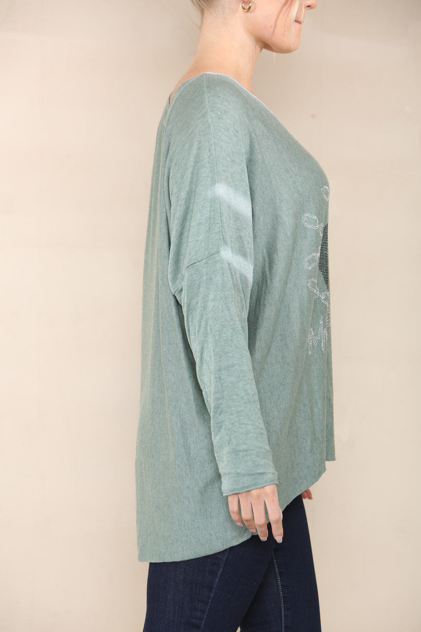 SEQUIN LOVE HEART FINE KNIT TOP KHAKI