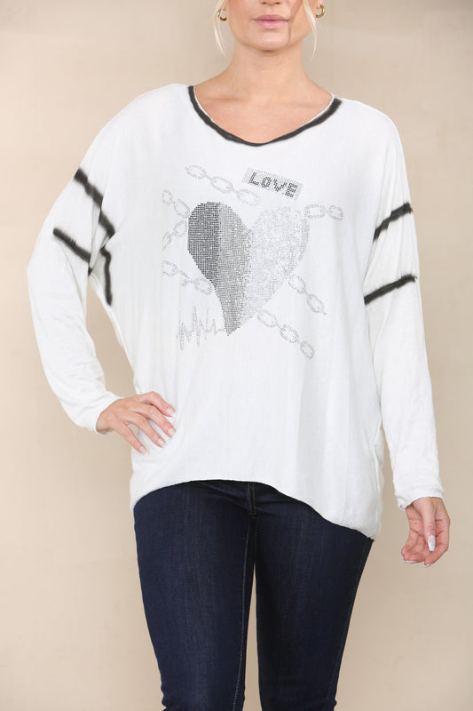 SEQUIN LOVE HEART FINE KNIT TOP WHITE