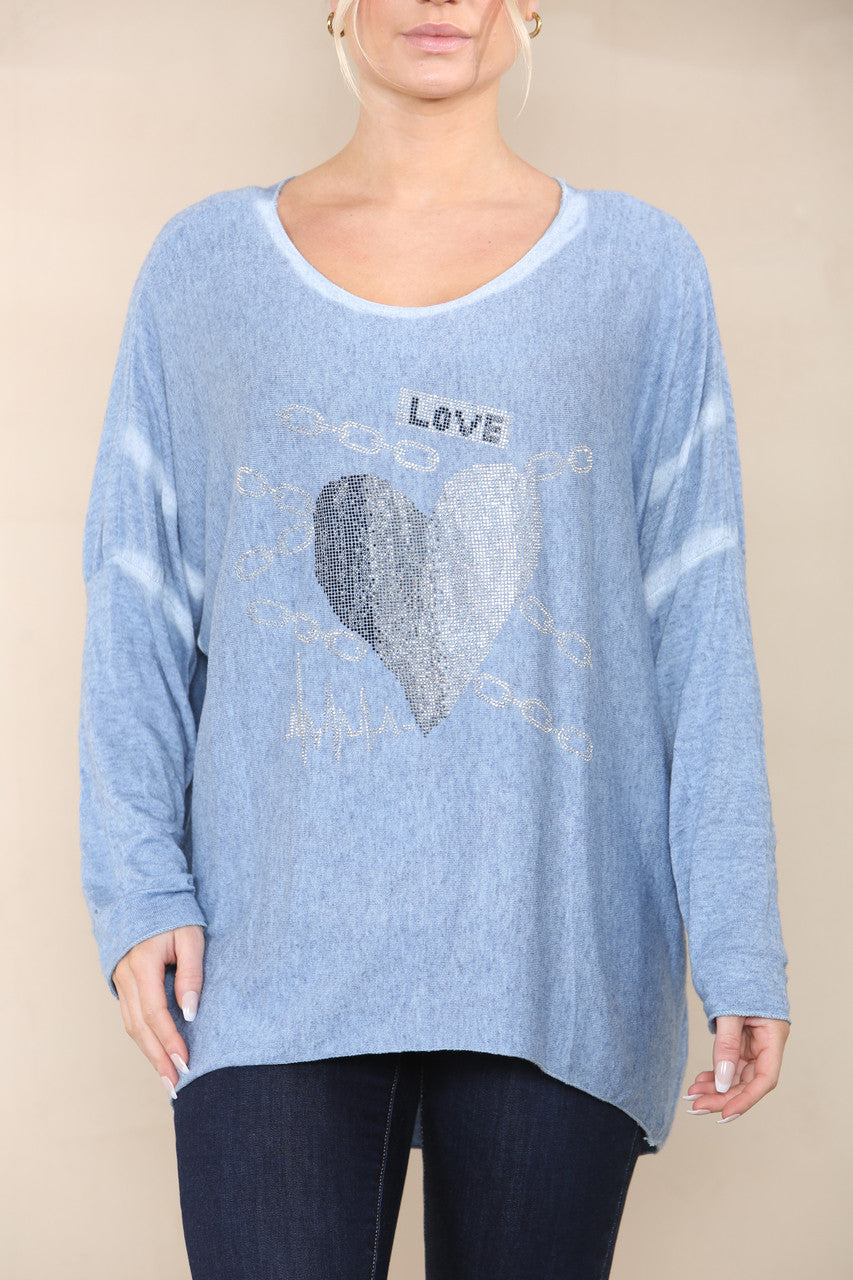 SEQUIN LOVE HEART FINE KNIT TOP DENIM