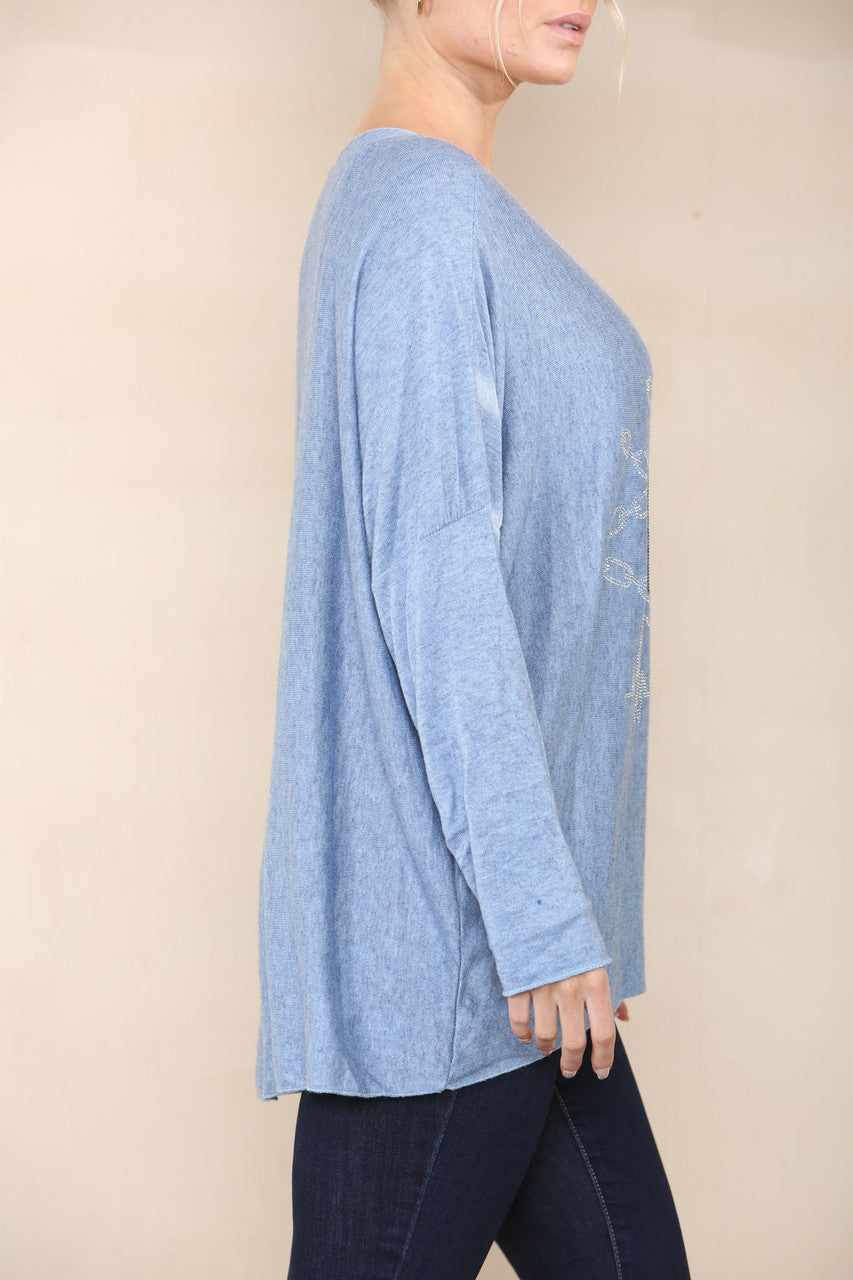 SEQUIN LOVE HEART FINE KNIT TOP DENIM