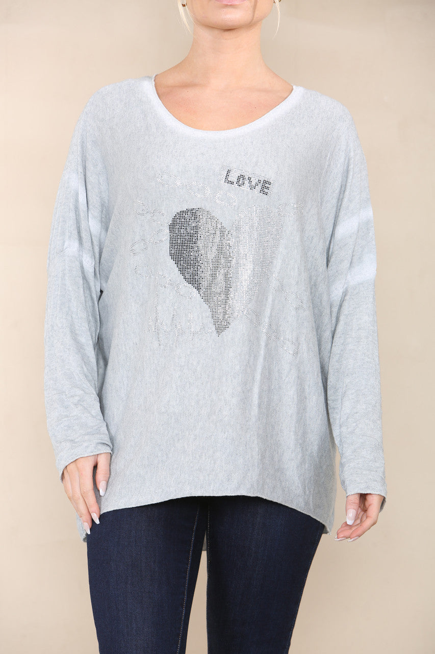 SEQUIN LOVE HEART FINE KNIT TOP GREY