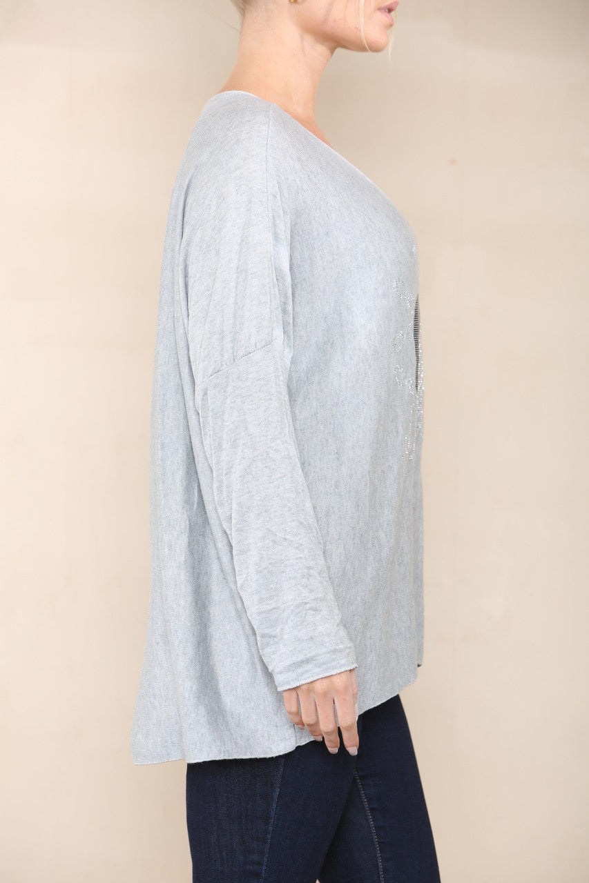 SEQUIN LOVE HEART FINE KNIT TOP GREY