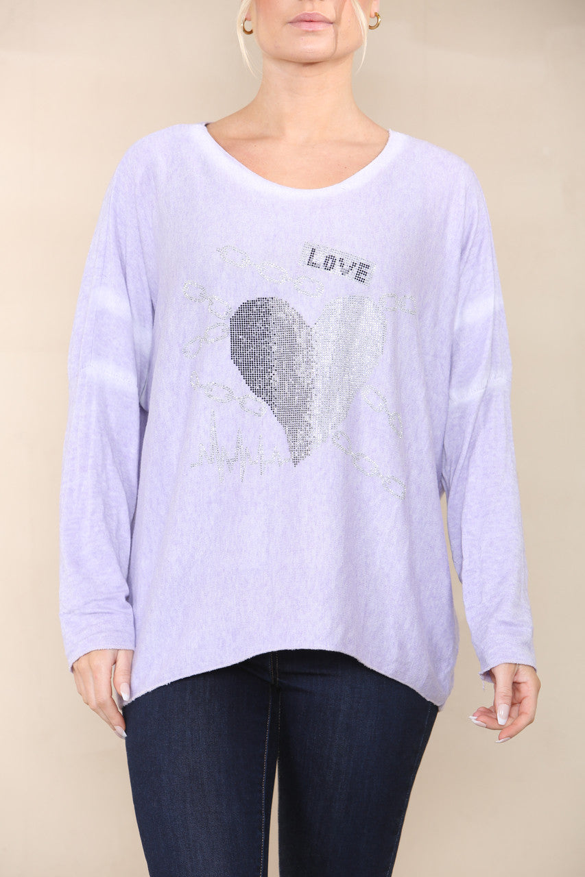 SEQUIN LOVE HEART FINE KNIT TOP LILAC