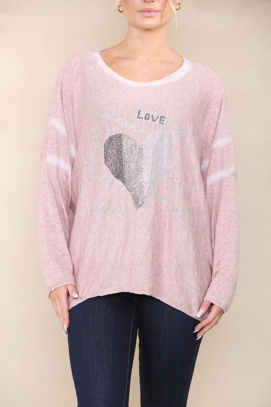 SEQUIN LOVE HEART FINE KNIT TOP DUSTY PINK