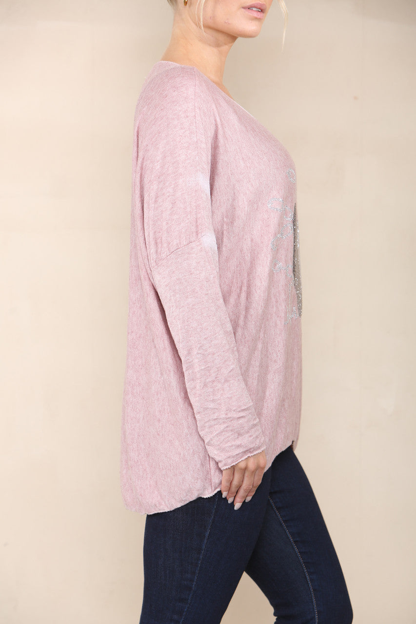 SEQUIN LOVE HEART FINE KNIT TOP DUSTY PINK