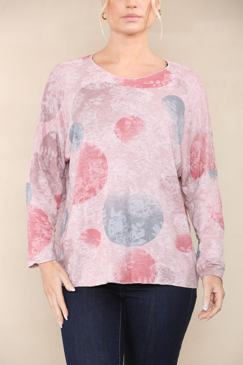 FLORAL CICLE SHADOW PRINT FINE KNIT TOP DUSTY PINK