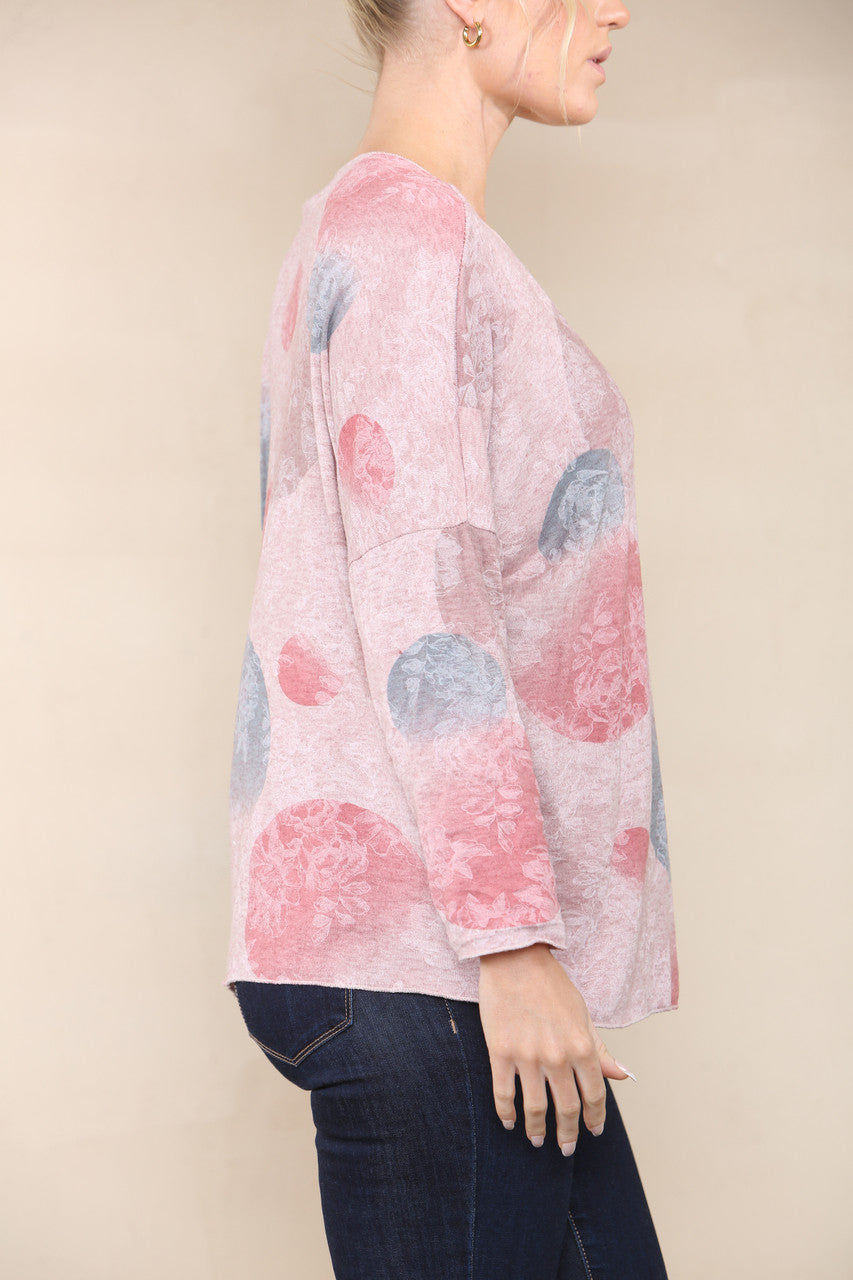 FLORAL CICLE SHADOW PRINT FINE KNIT TOP DUSTY PINK