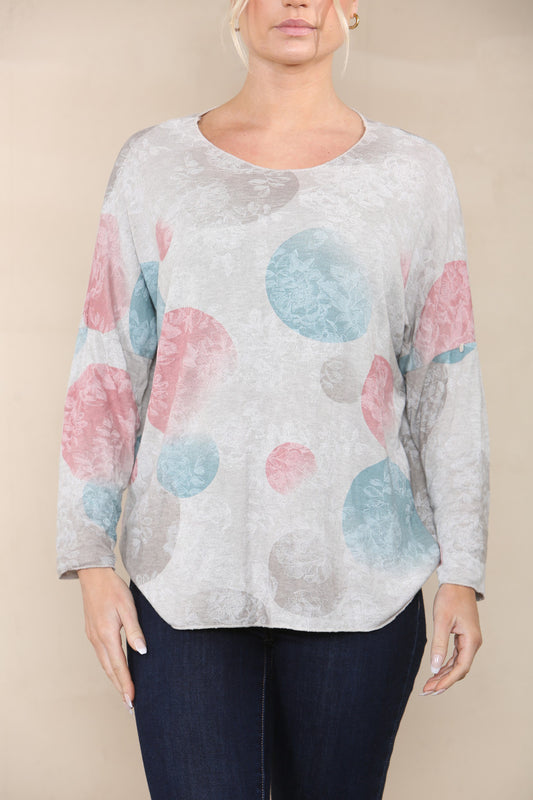 FLORAL CICLE SHADOW PRINT FINE KNIT TOP STONE