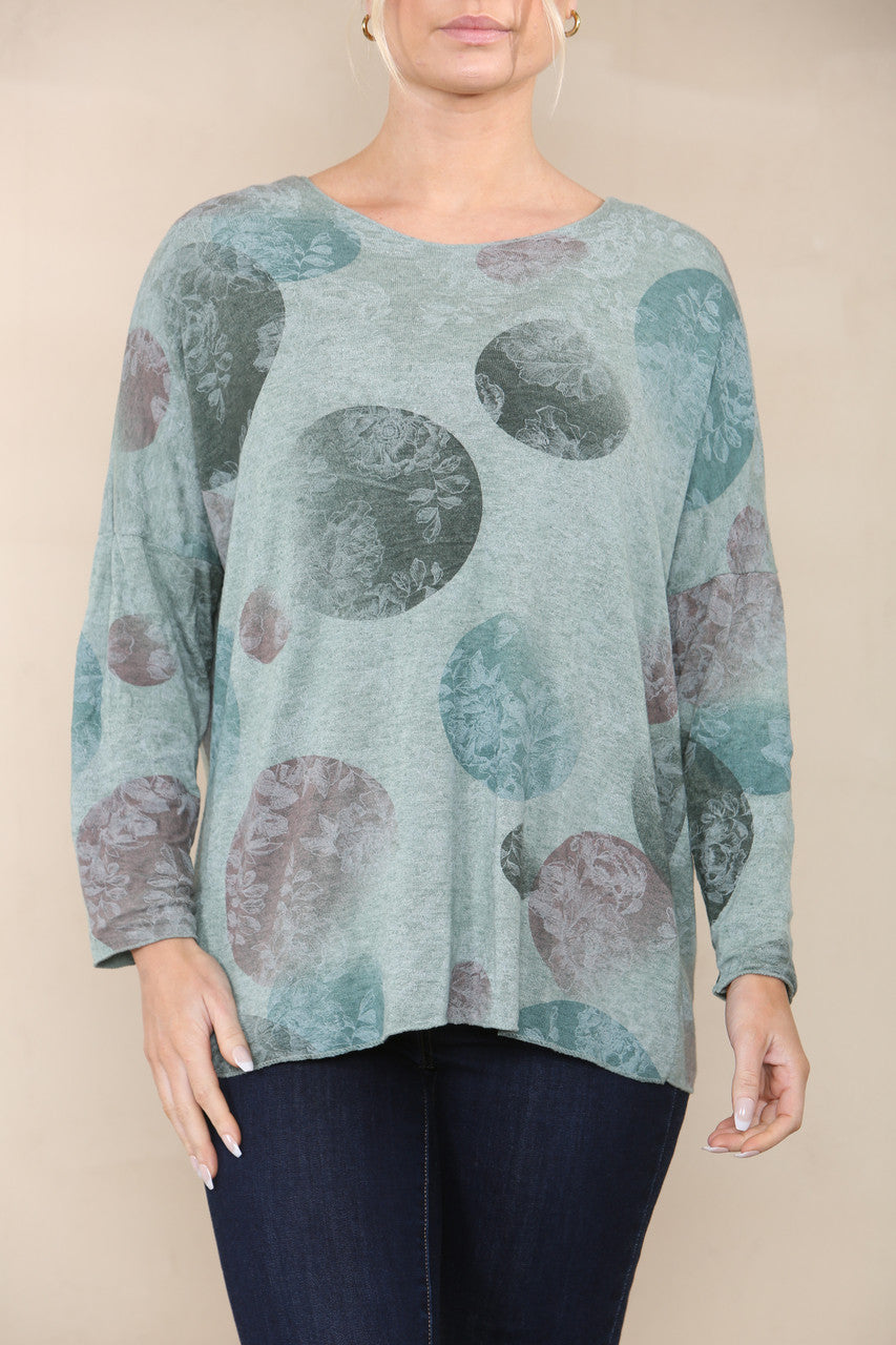 FLORAL CICLE SHADOW PRINT FINE KNIT TOP KHAKI