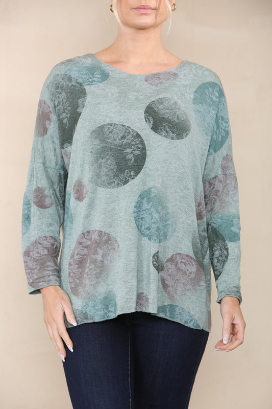 FLORAL CICLE SHADOW PRINT FINE KNIT TOP KHAKI