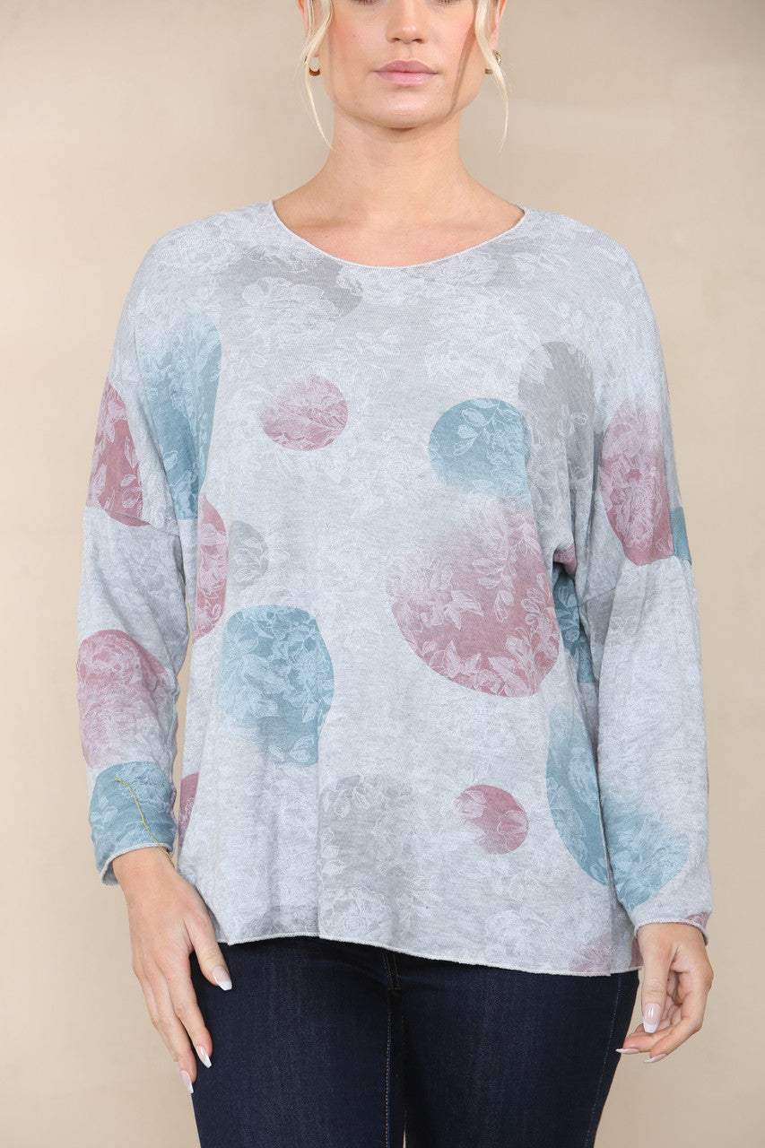 FLORAL CICLE SHADOW PRINT FINE KNIT TOP GREY