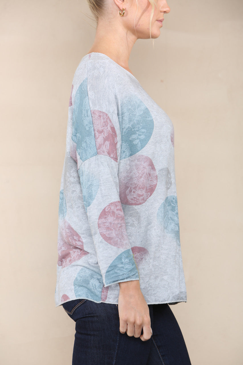 FLORAL CICLE SHADOW PRINT FINE KNIT TOP GREY