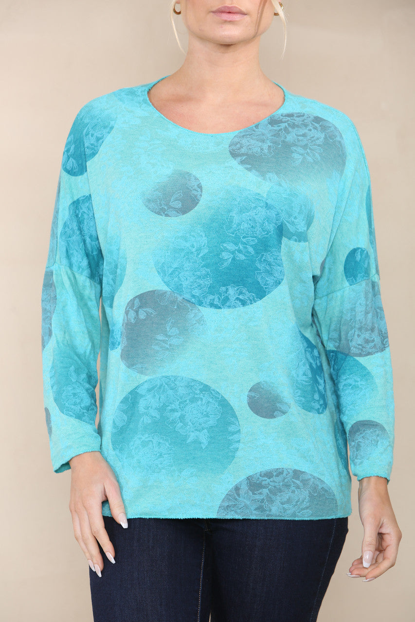 FLORAL CICLE SHADOW PRINT FINE KNIT TOP TURQUOISE