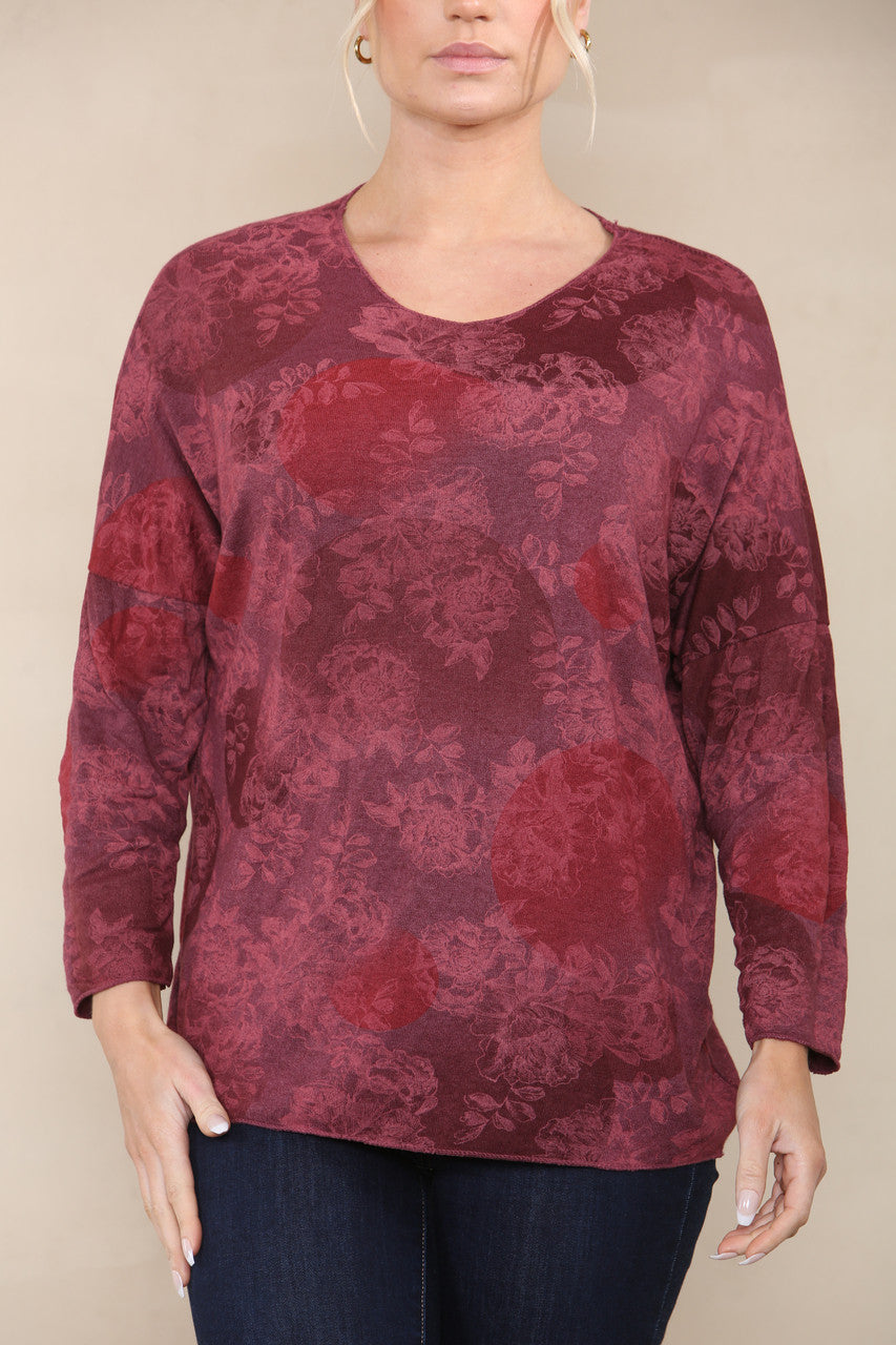 FLORAL CICLE SHADOW PRINT FINE KNIT TOP BURGUNDY