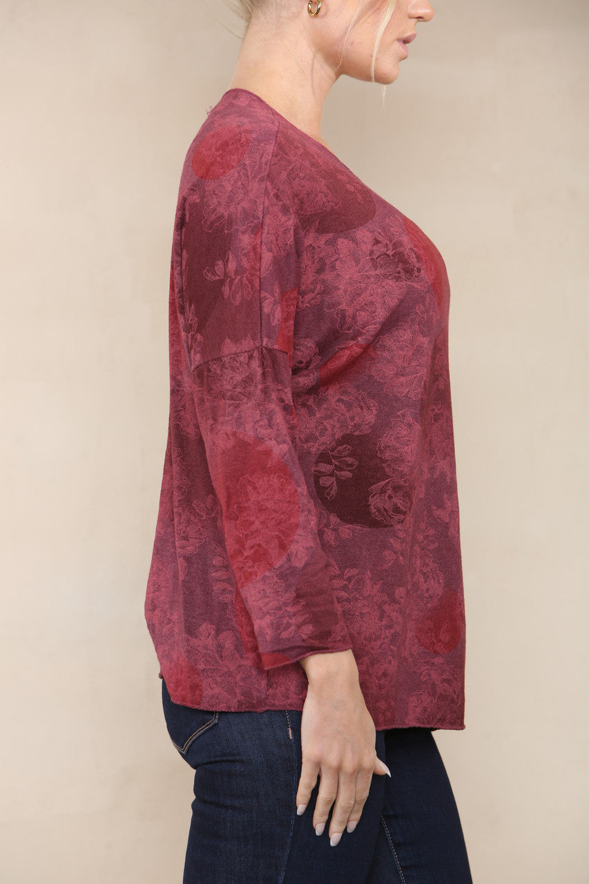 FLORAL CICLE SHADOW PRINT FINE KNIT TOP BURGUNDY