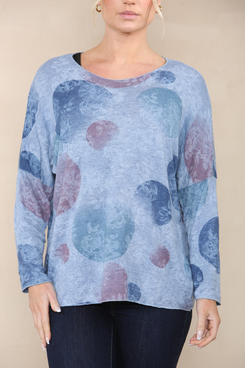 FLORAL CICLE SHADOW PRINT FINE KNIT TOP DENIM