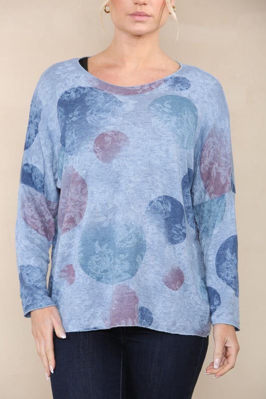 FLORAL CICLE SHADOW PRINT FINE KNIT TOP DENIM