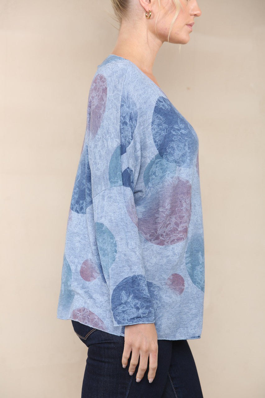 FLORAL CICLE SHADOW PRINT FINE KNIT TOP DENIM