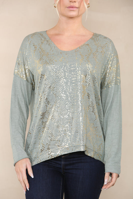 REPTILE FOIL FINE KNIT TOP KHAKI