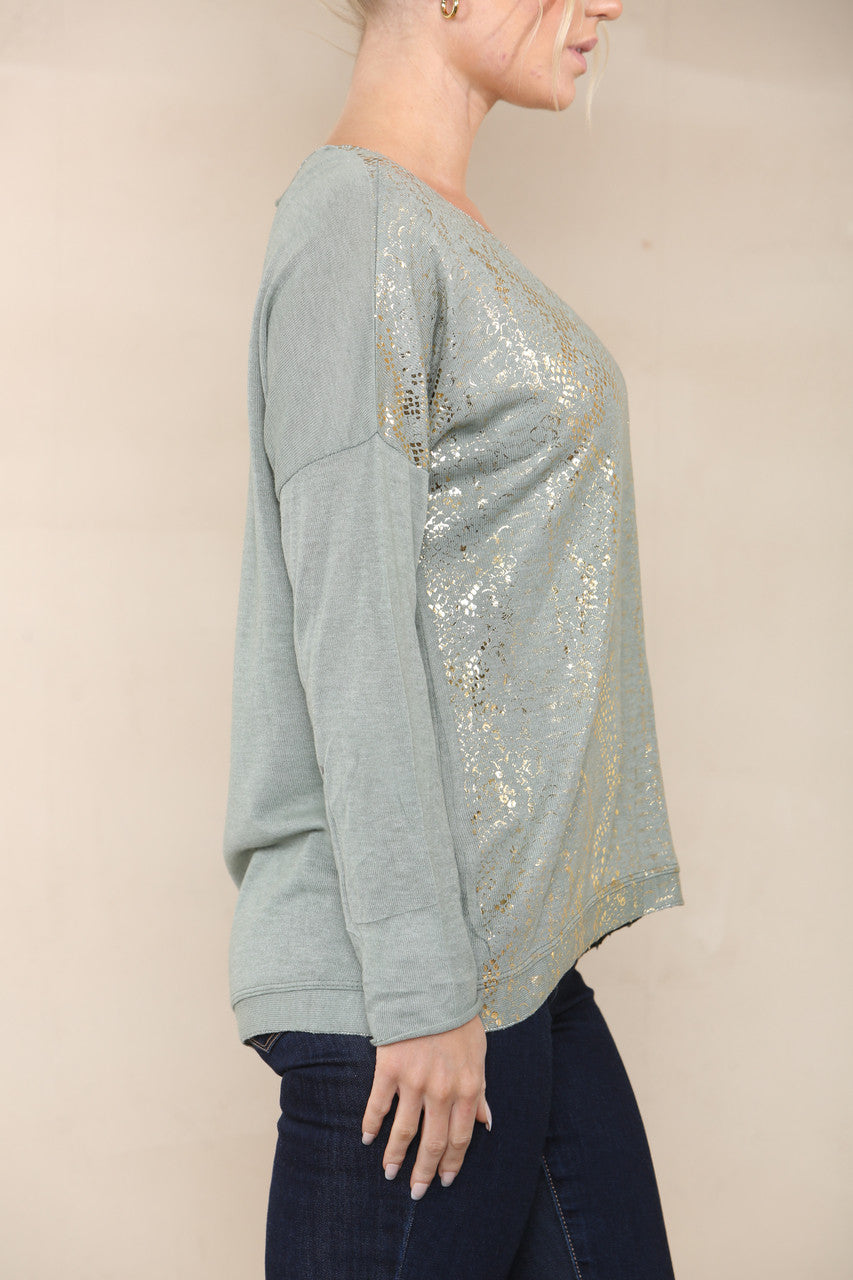 REPTILE FOIL FINE KNIT TOP KHAKI