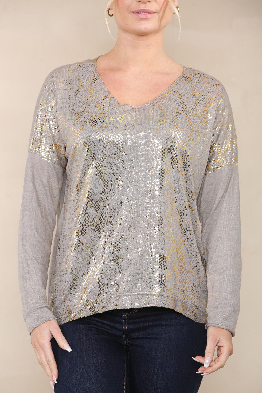 REPTILE FOIL FINE KNIT TOP TAUPE