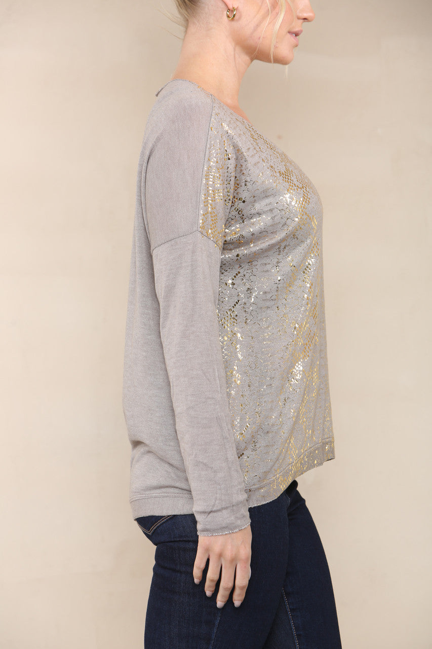 REPTILE FOIL FINE KNIT TOP TAUPE