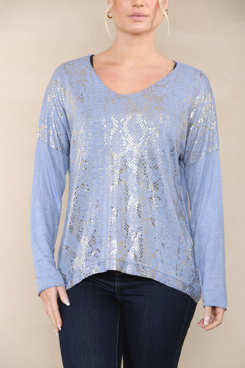 REPTILE FOIL FINE KNIT TOP DENIM